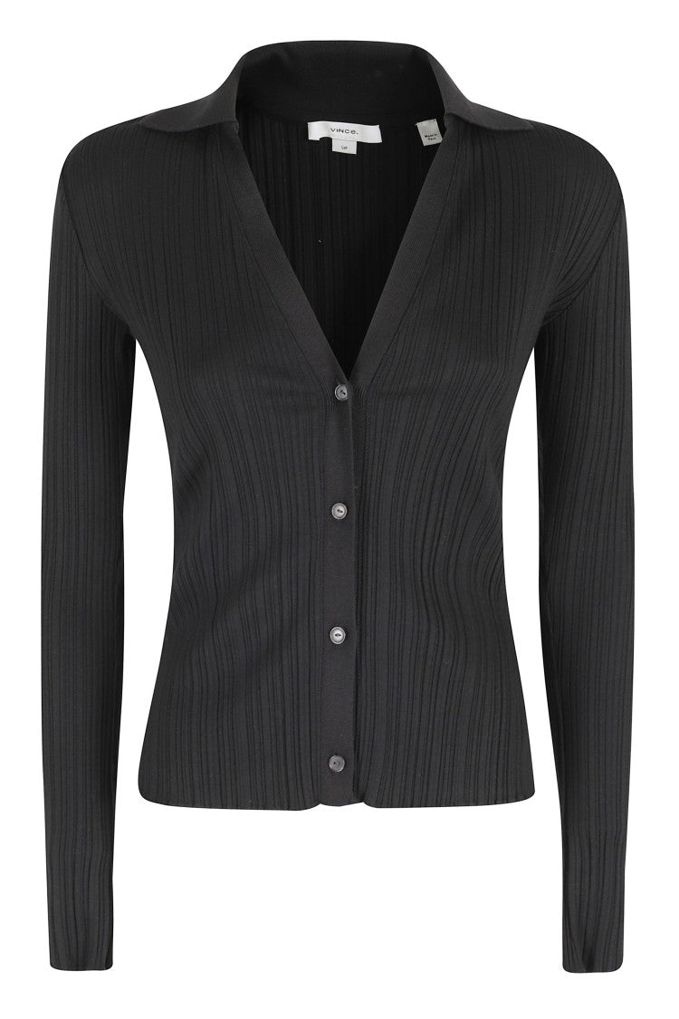 Vince Black Variegated Rib Deep V-Neck Cotton-Blend Polo Shirt