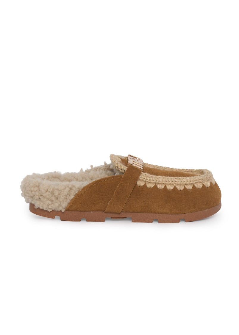 Mou Slip-On Sandals With Hand-Crochet Wool Stitching And Shearling Lining