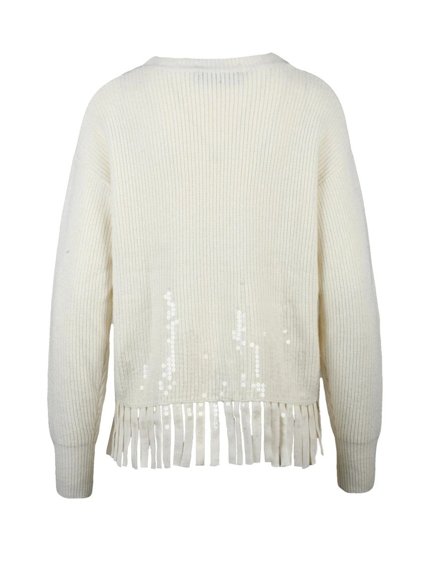 Icona Crew Neck Knit Wool Cashmere Sweater With Fringe Detail