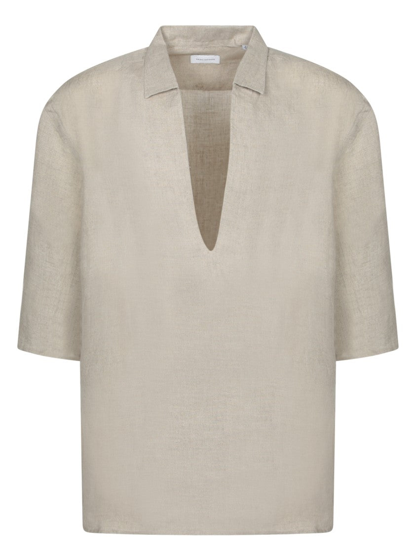 Tagliatore Relaxed Fit Linen Shirt With V-Neck Design