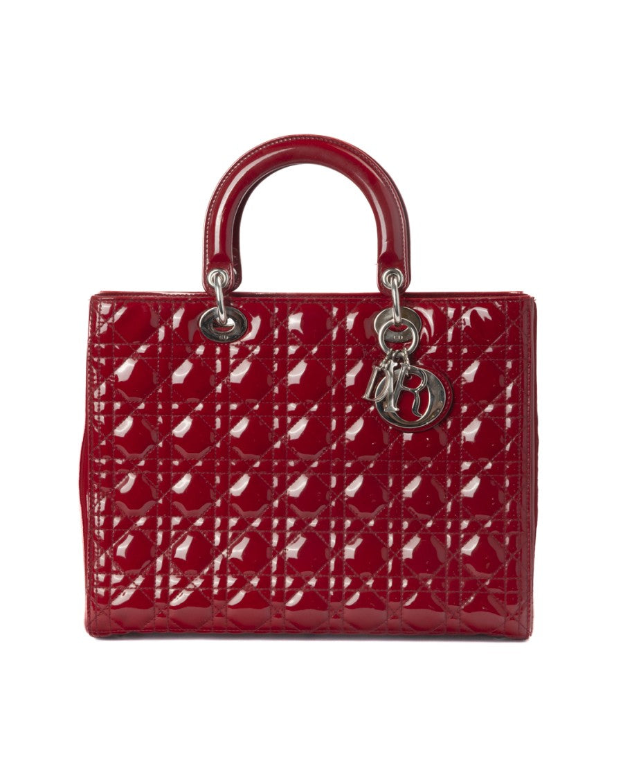 Dior Red Vintage Cannage Large Patent Leather Tote Bag
