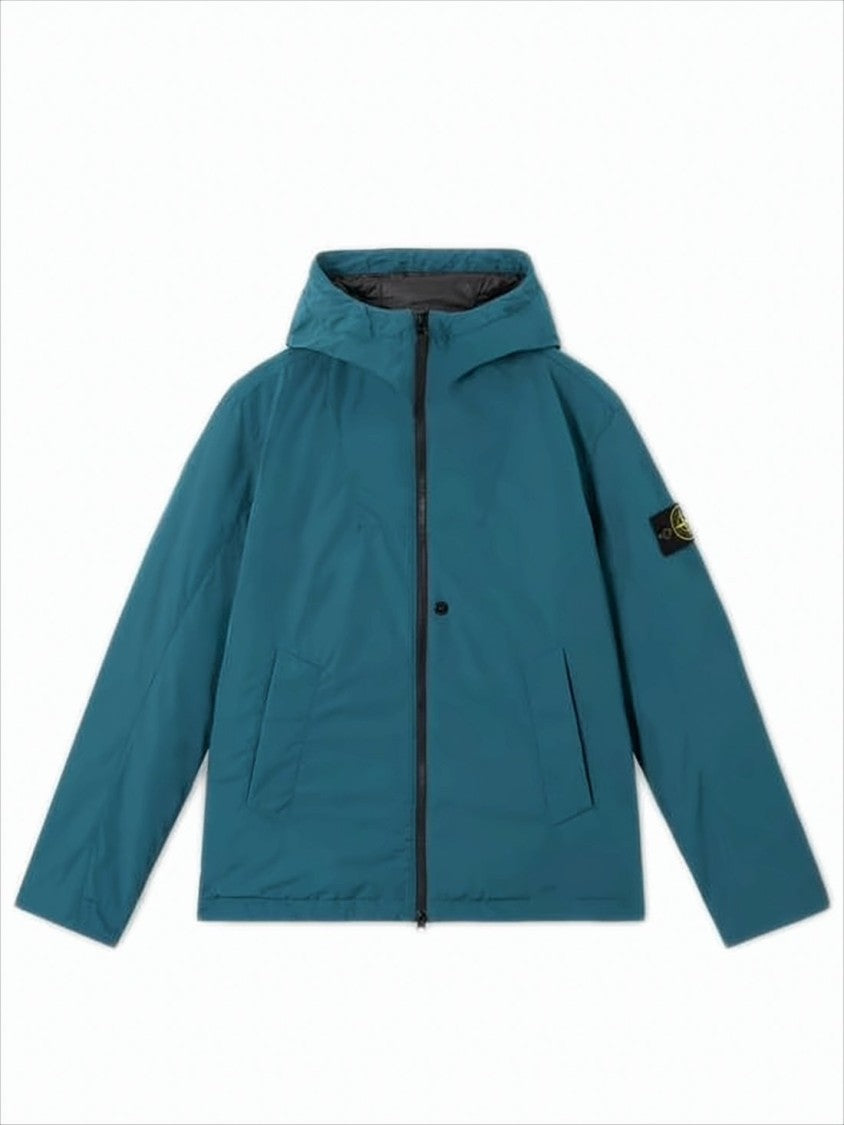 Stone Island Hooded Blue Padded Jacket With Distinctive Logo