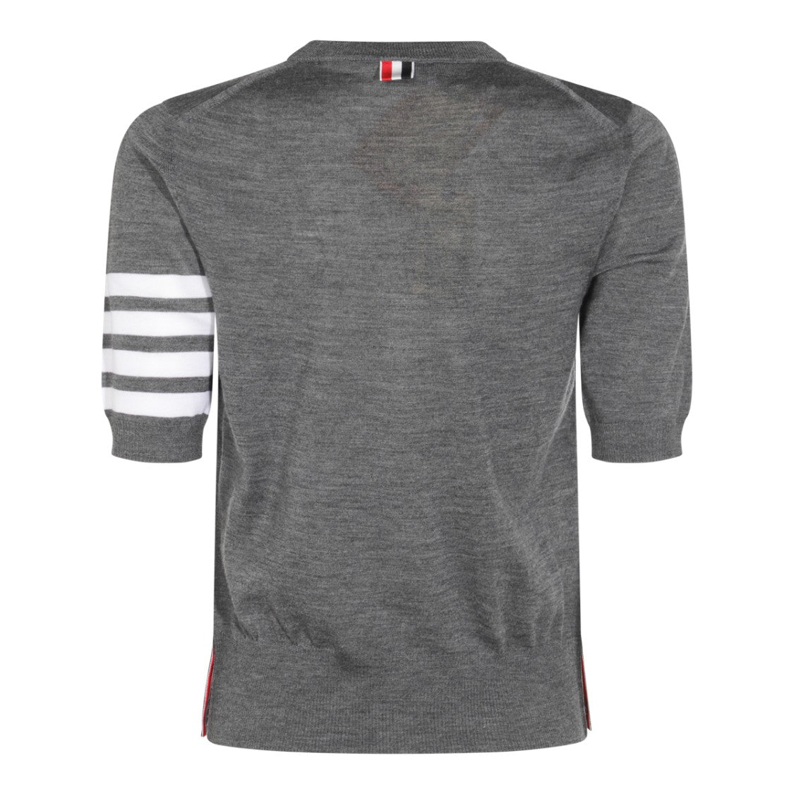 Thom Browne Grey Wool Knit Sweater With Striped Detail And Side Slits