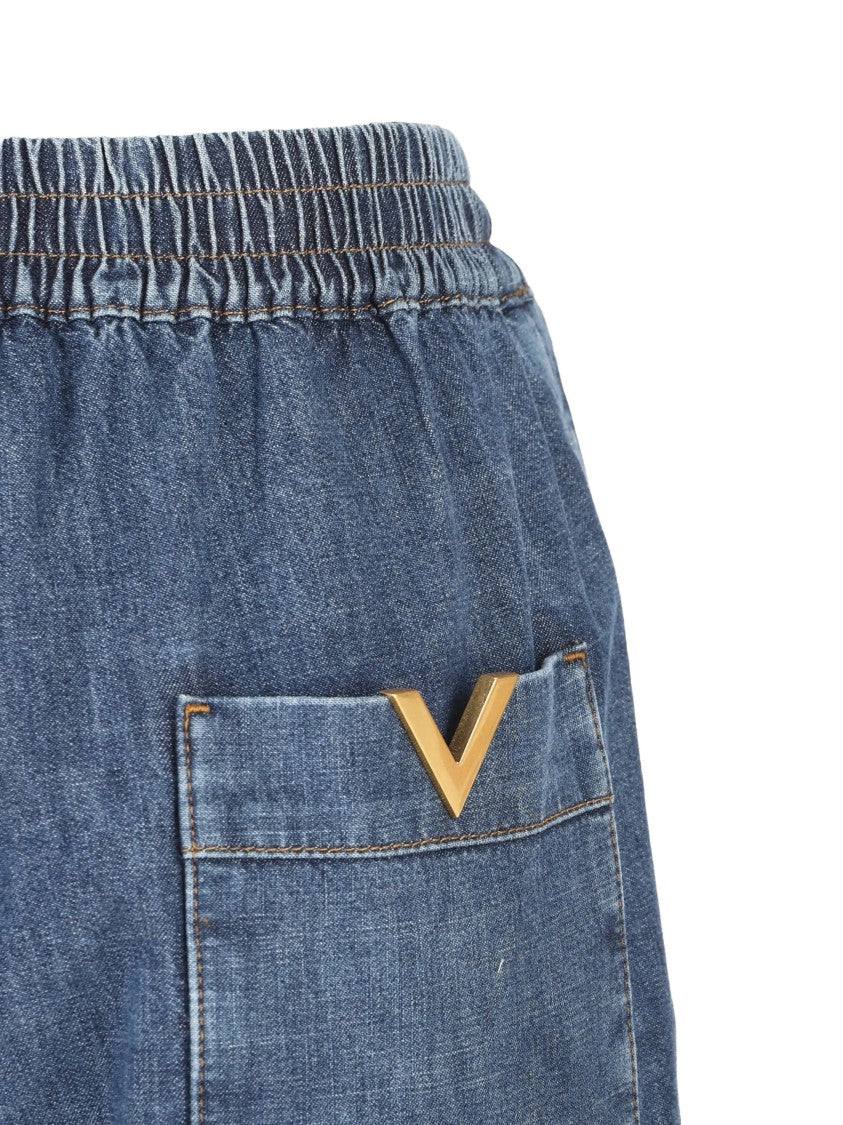 Valentino Medium Blue Wide-Leg Drawstring Denim Jeans