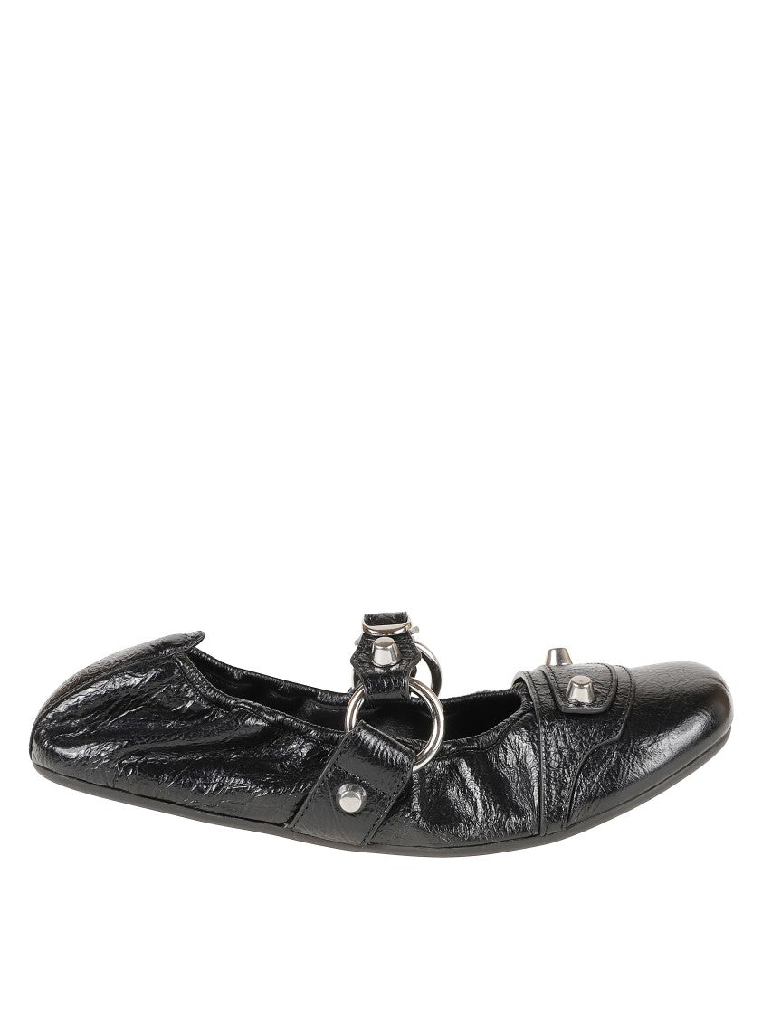 Balenciaga Pointed Toe Black Leather Flats With Silver-Tone Accents