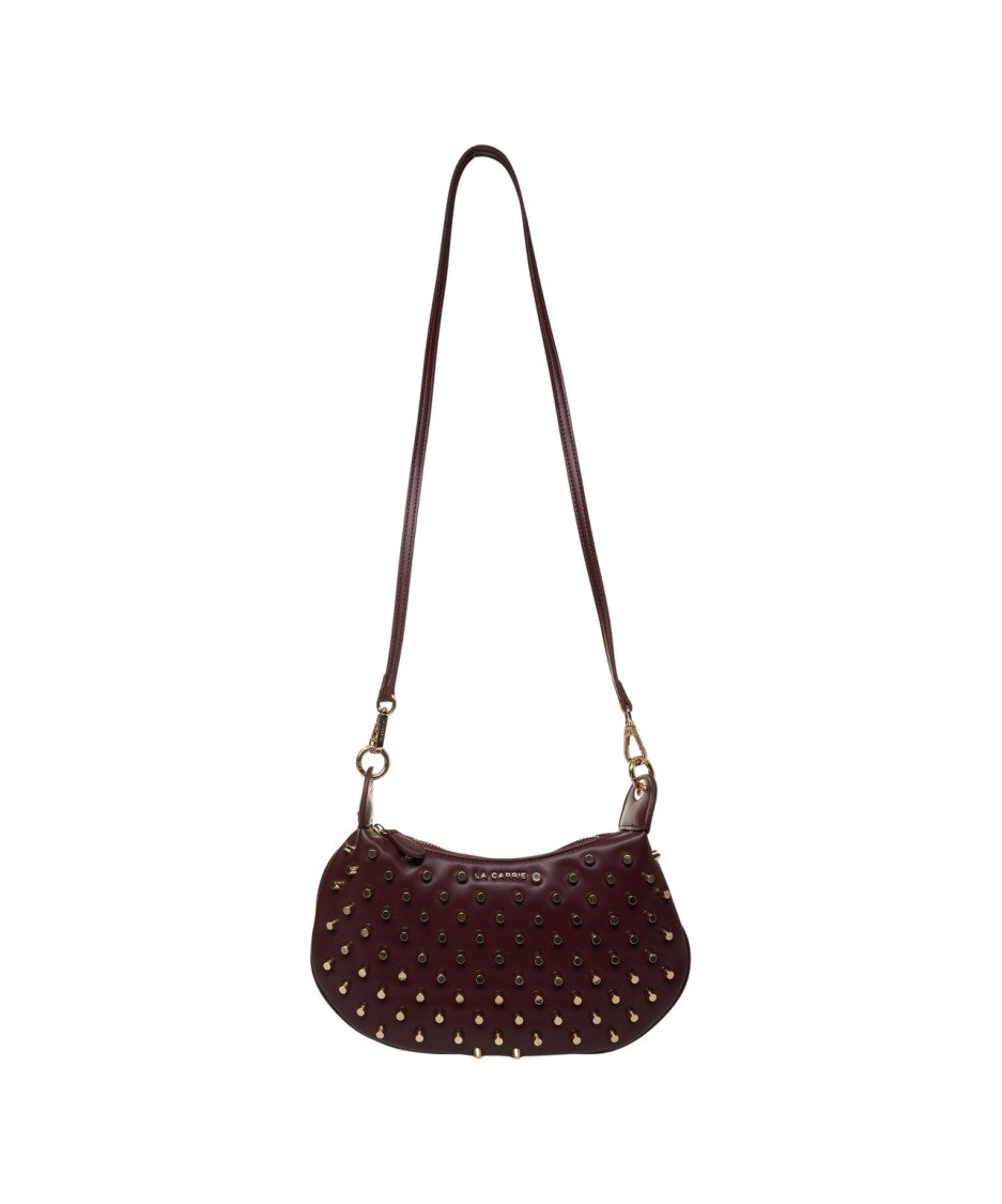 La Carrie Crescent Shoulder Bag In Rosso With Metal Studs