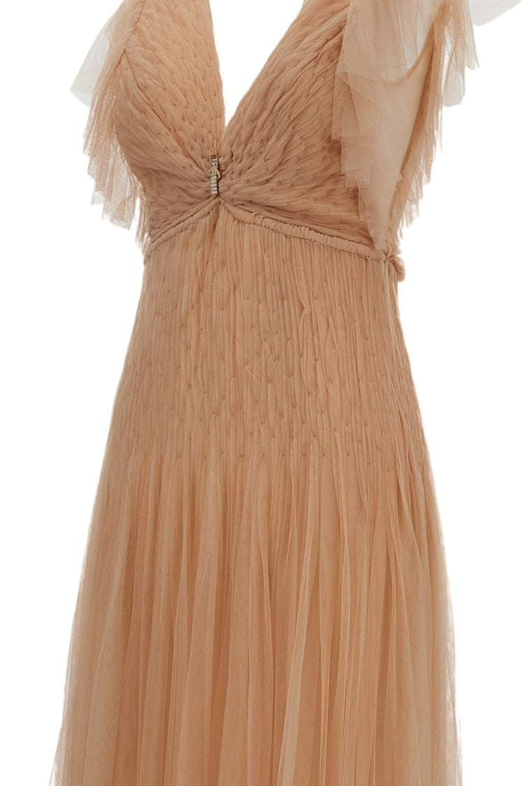 Elisabetta Franchi Nude Tulle Long Evening Dress