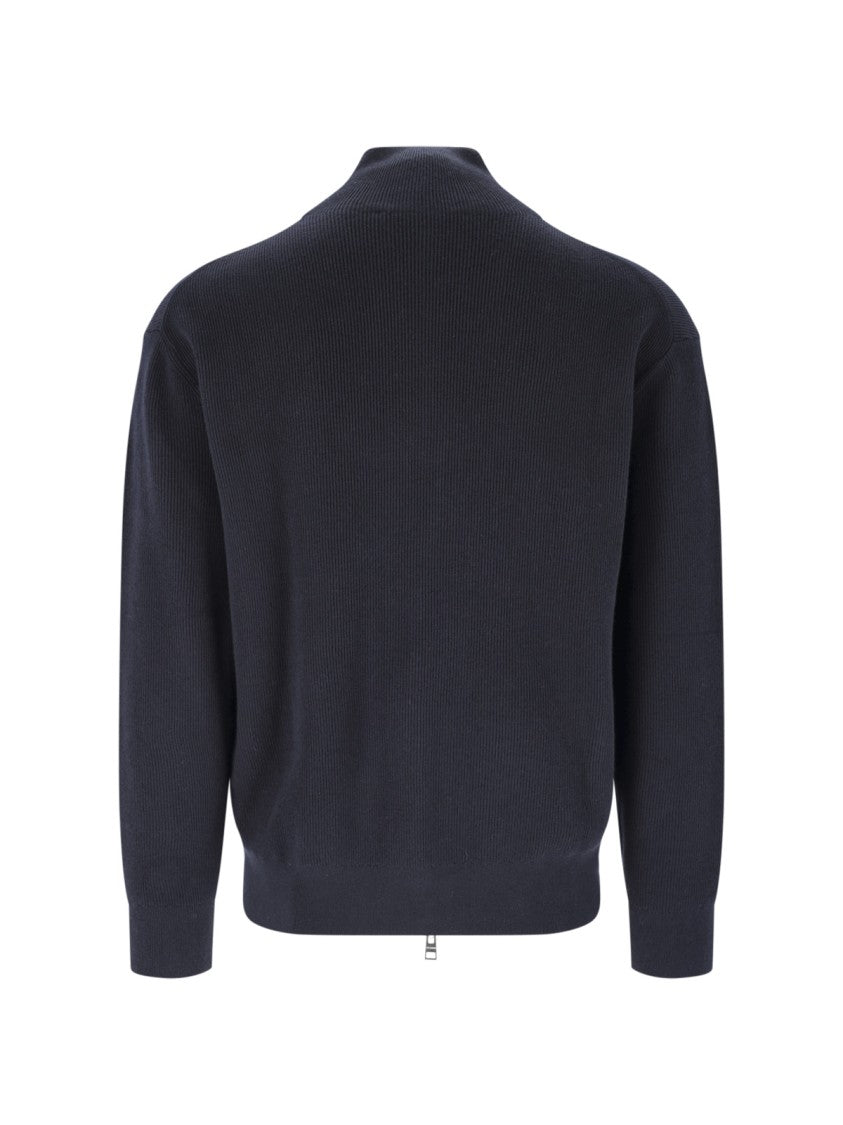 Closed High Collar Dark Blue Zip-Up Sweater