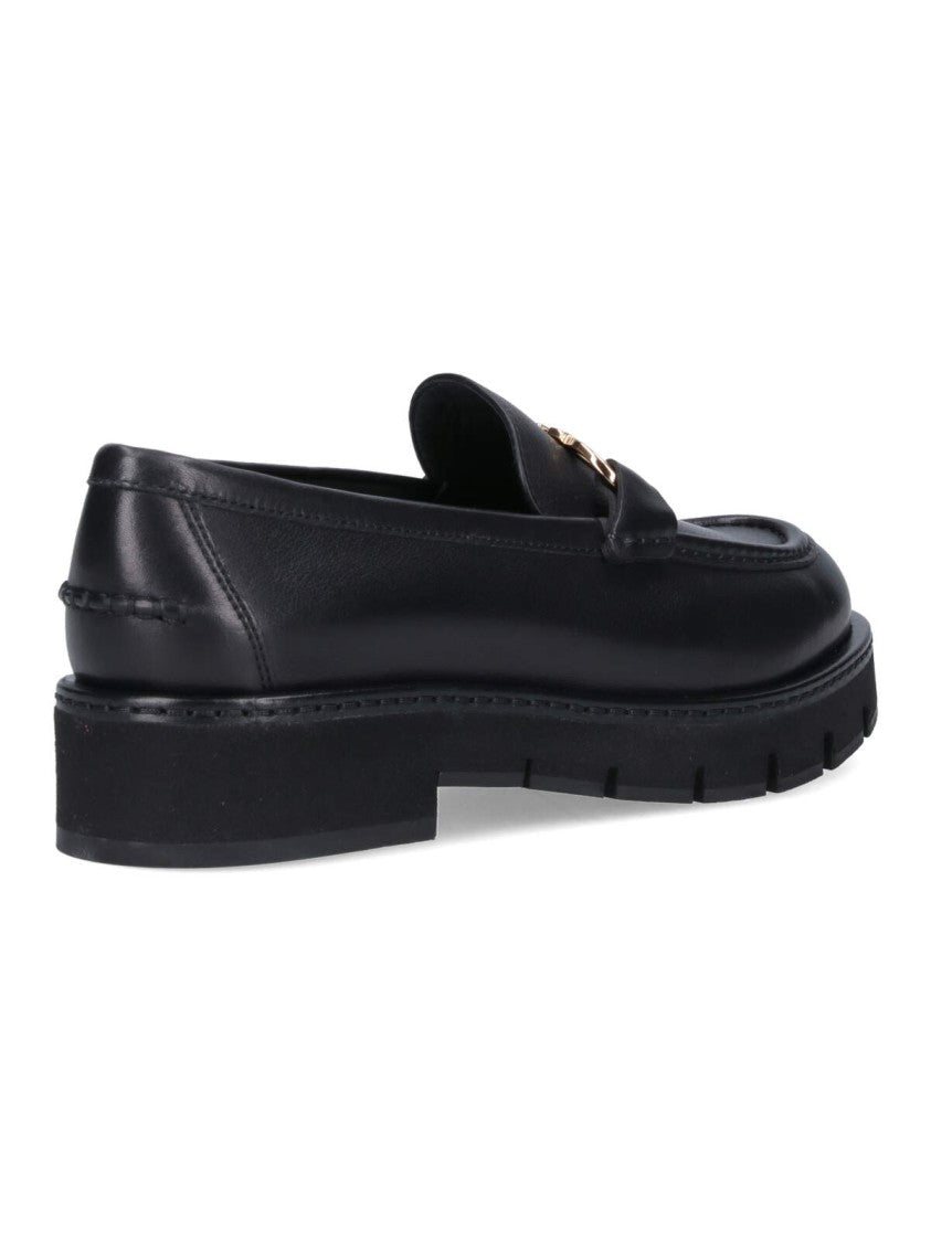Ferragamo Black Leather Moccasins With Gold-Tone Logo Buckle