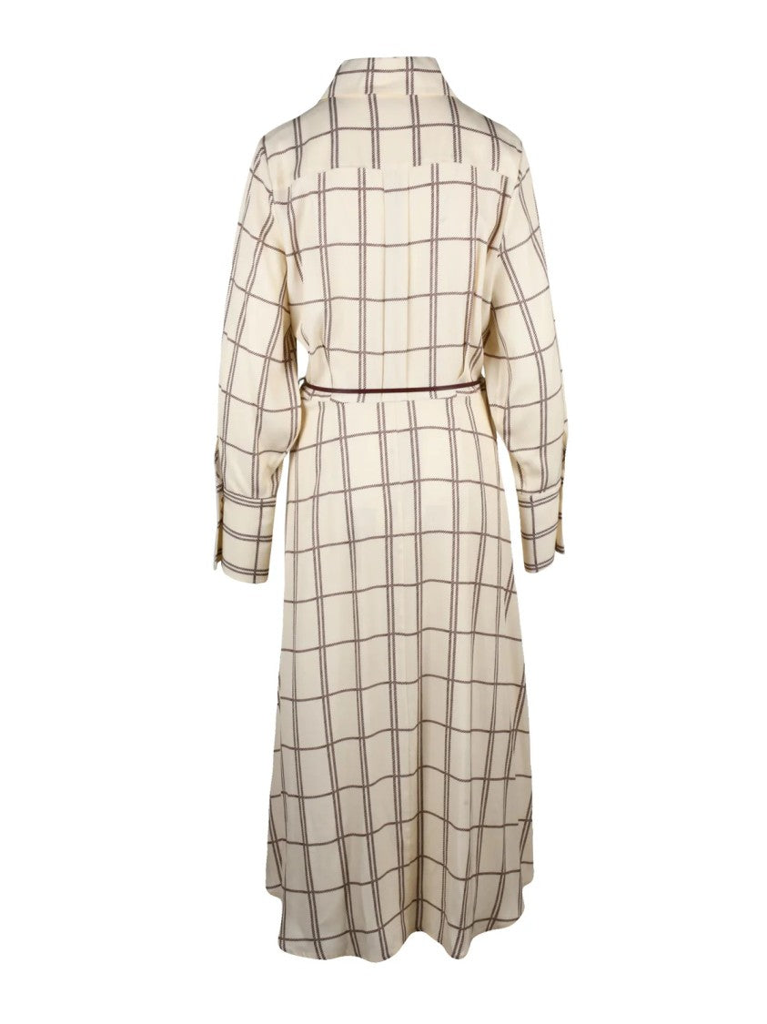 Crida Cream Checkered Belted Viscose Midi Shirt Dress