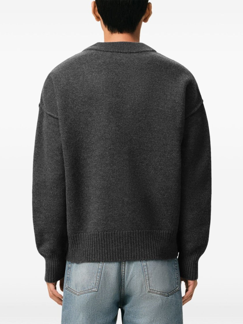 Ami Paris Dark Grey Cardigan Sweater With Iconic Heart Embroidery