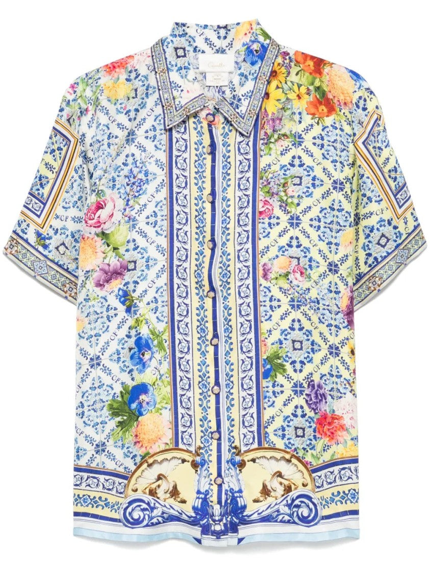 Camilla Vibrant Floral Print Silk Shirt With Classic Collar
