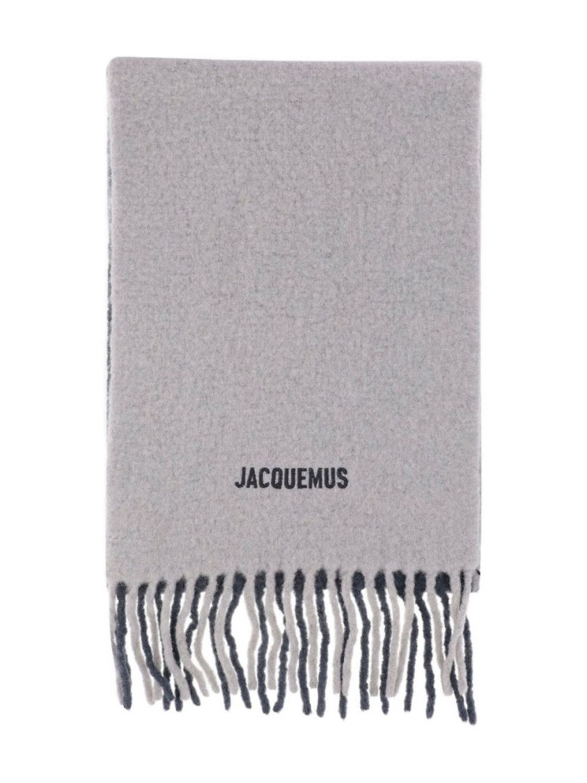 Jacquemus Textured Dual-Tone Gray Scarf With Fringed Ends