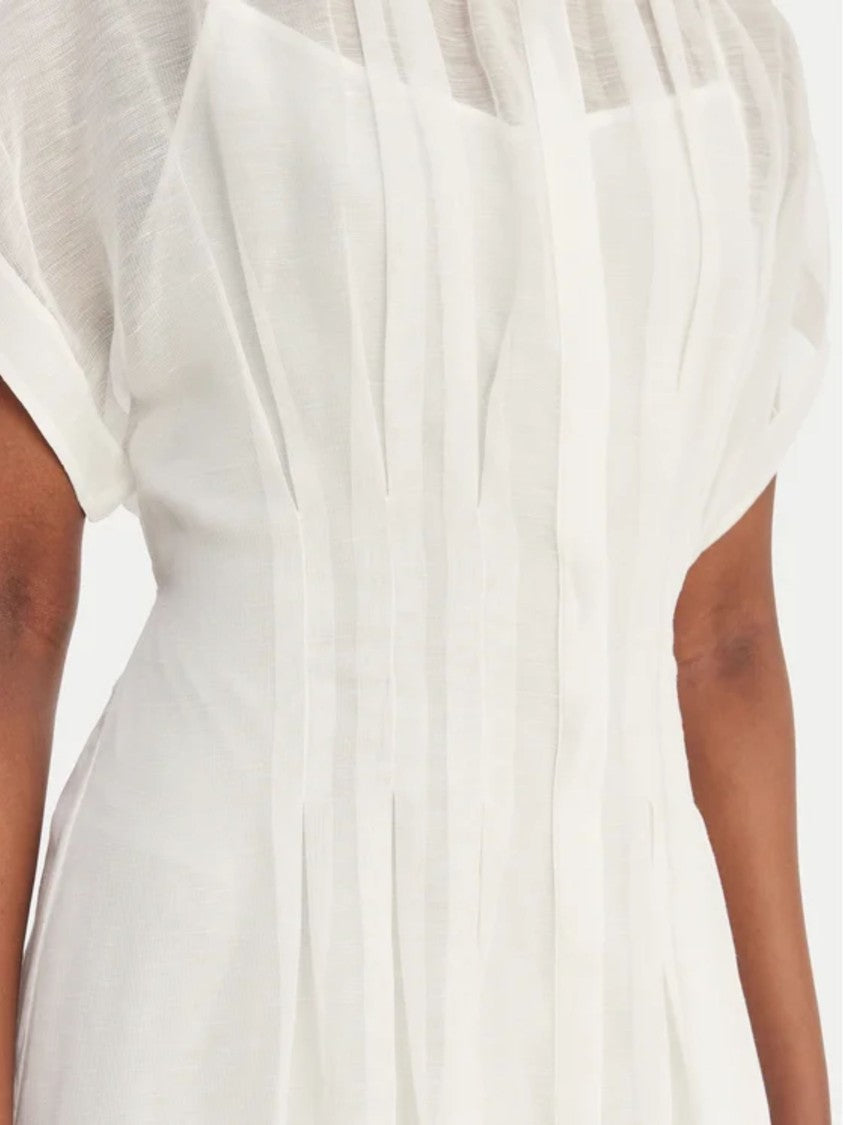 Boss White Pleated Viscose-Linen Midi Dress