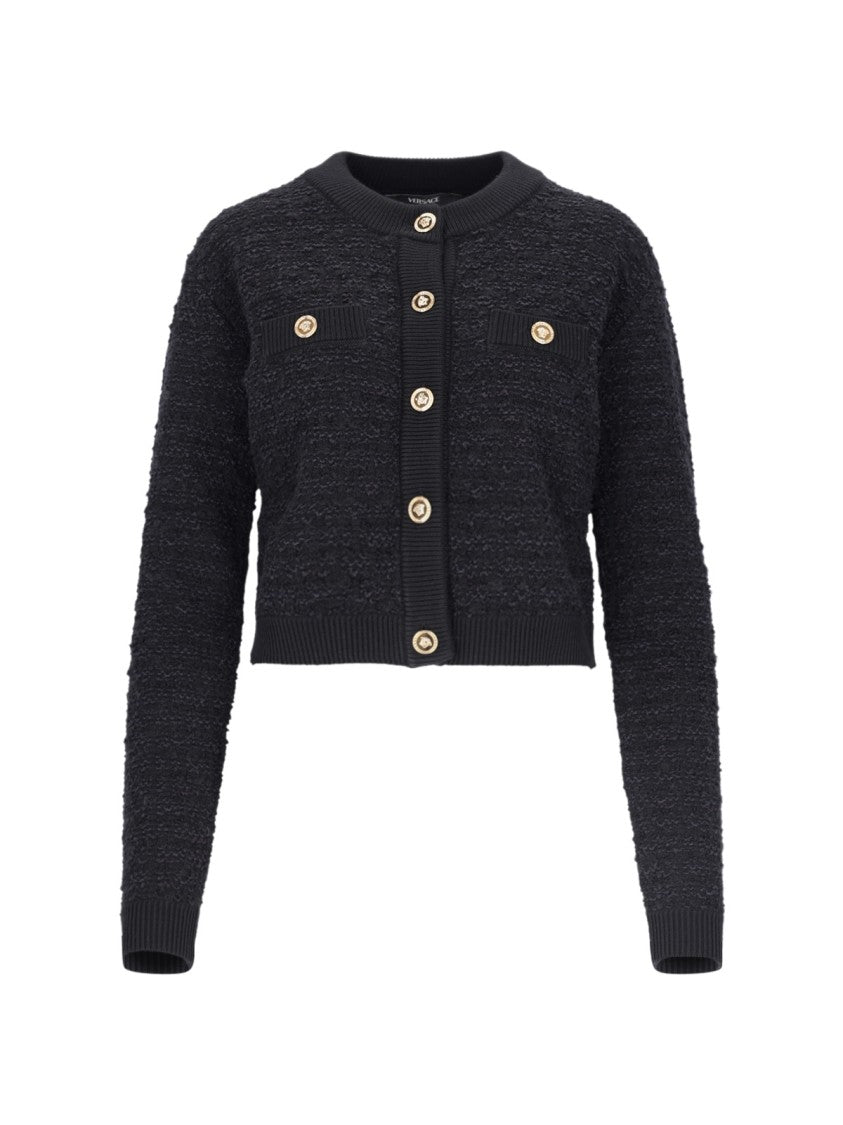 Versace Black Bouclé Tweed Crop Cardigan – Black