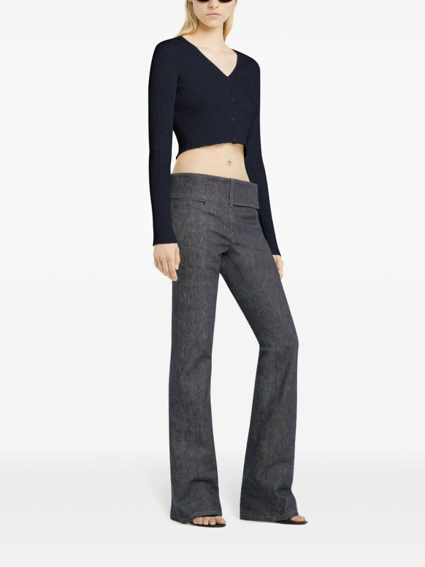 Courrèges Navy Blue Appliqué Logo V-Neck Sweater