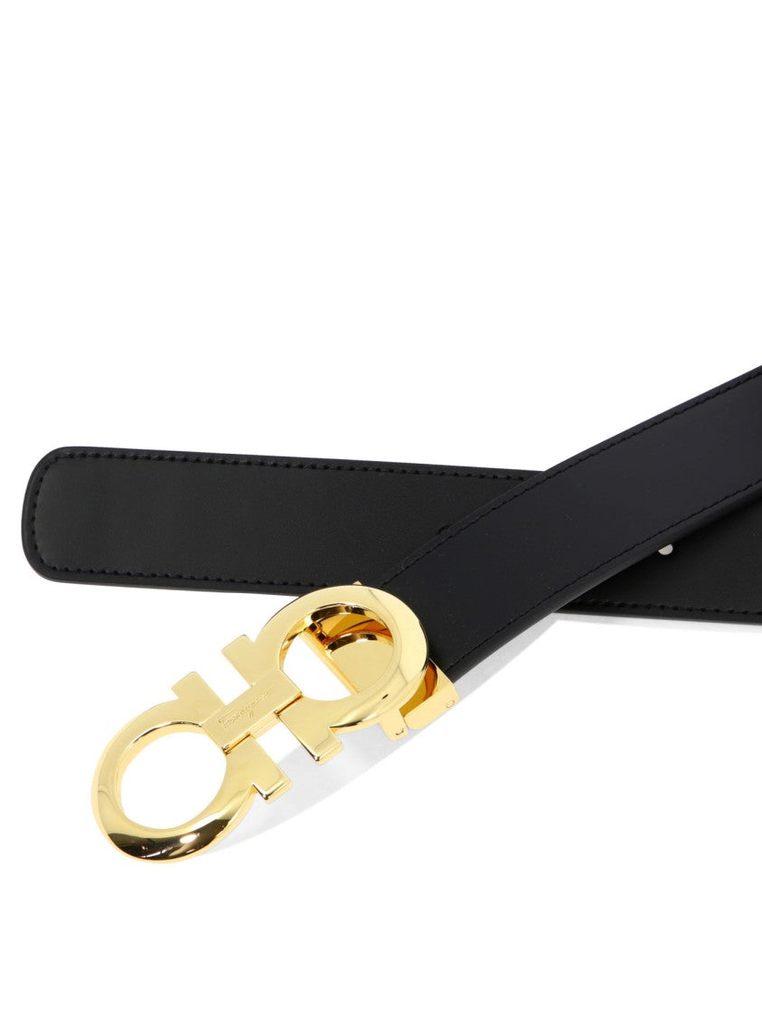 Ferragamo Leather Belt With Polished Brass Interlocking Buckle