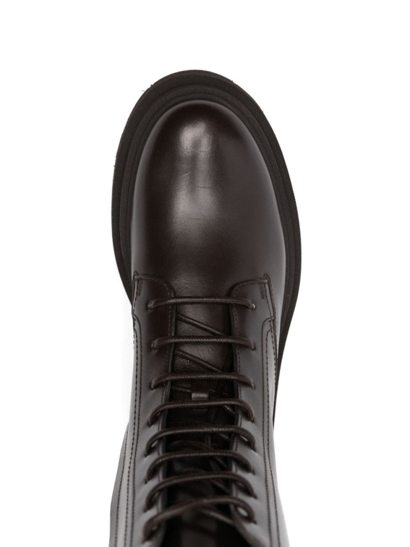 Brunello Cucinelli Polished Leather Lace-Up Boots With Side Zipper And Treaded Sole