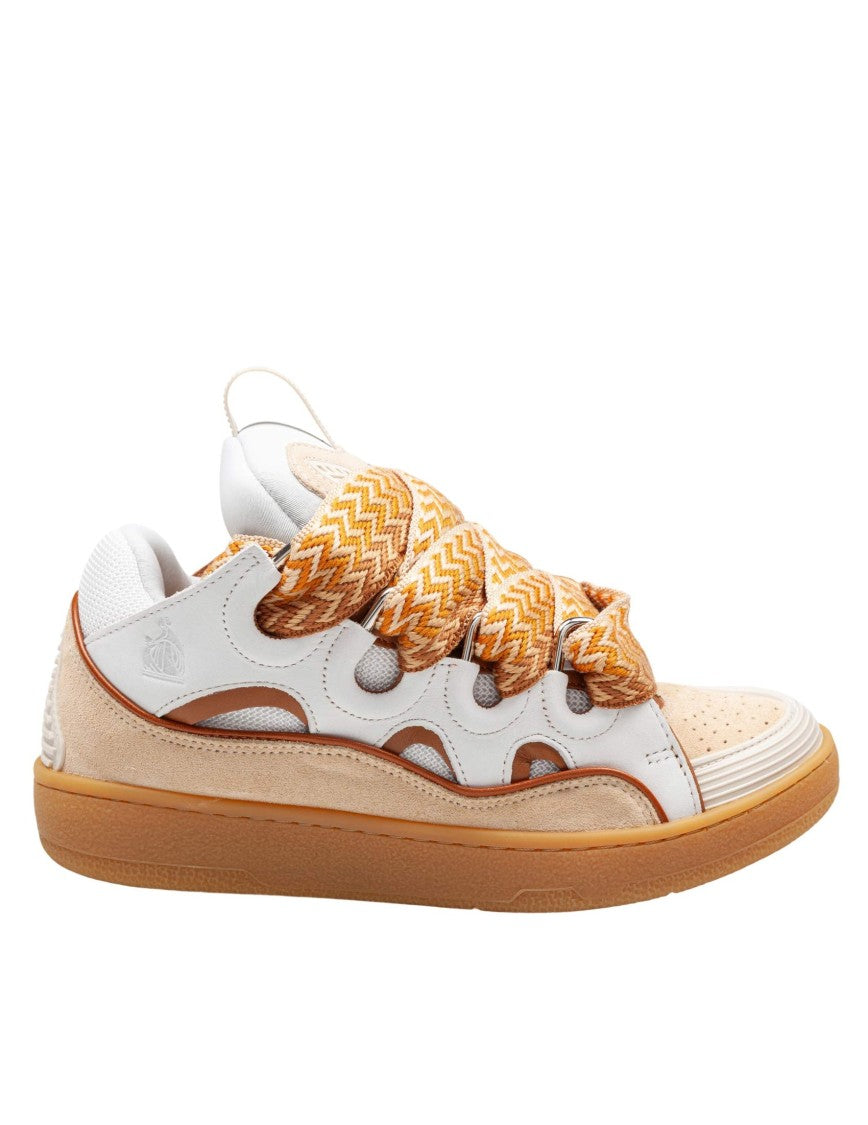 Lanvin White/Honey Curb Leather And Fabric Sneakers