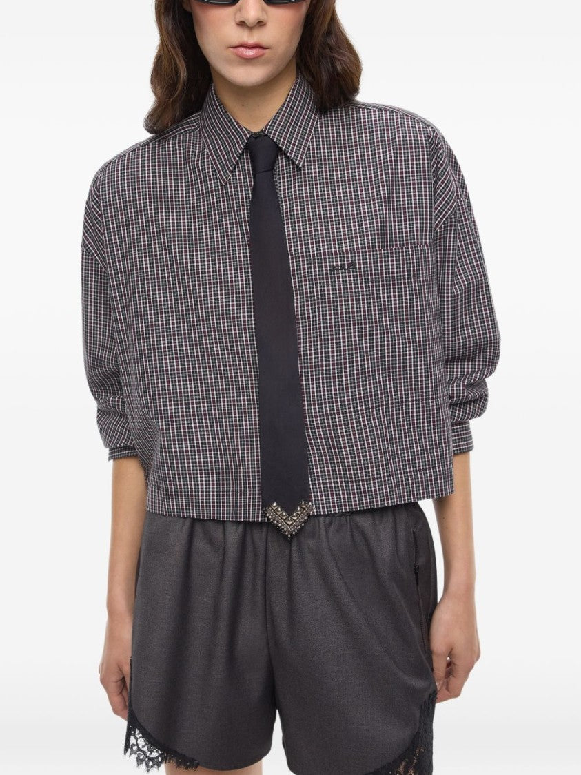 Pinko Black Cropped Checkered Tie Detail Shirt