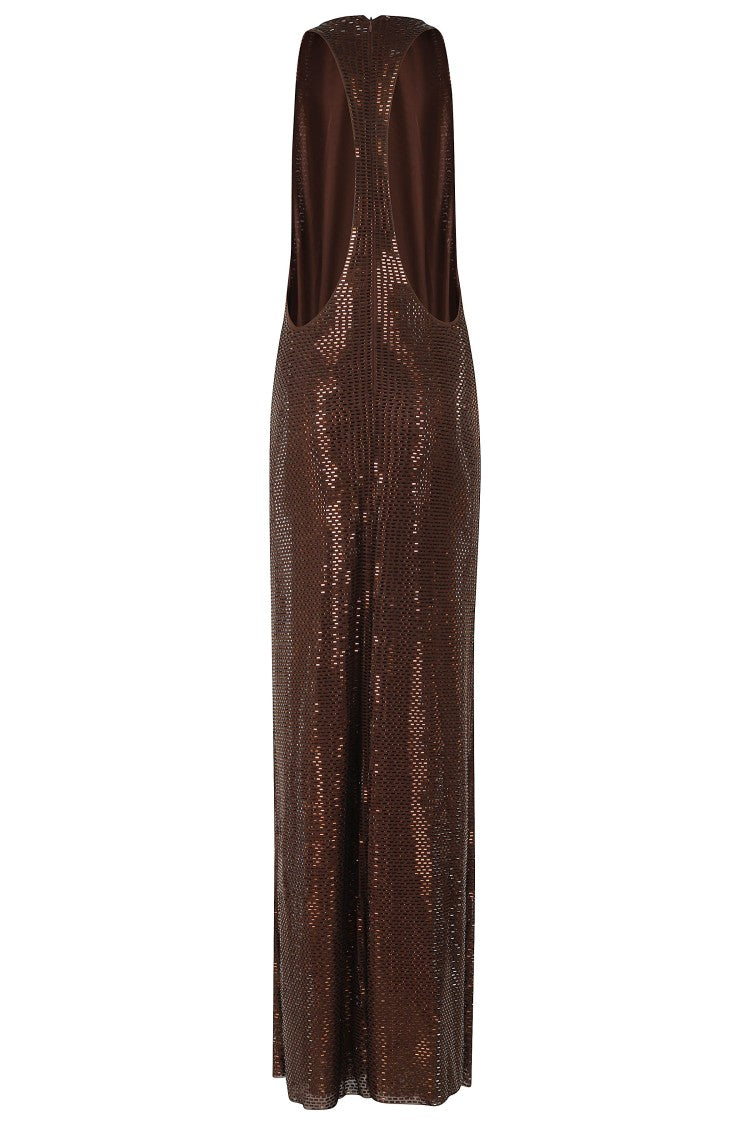 Self-Portrait Brown Rhinestone Draped Racer Back Maxi Dress