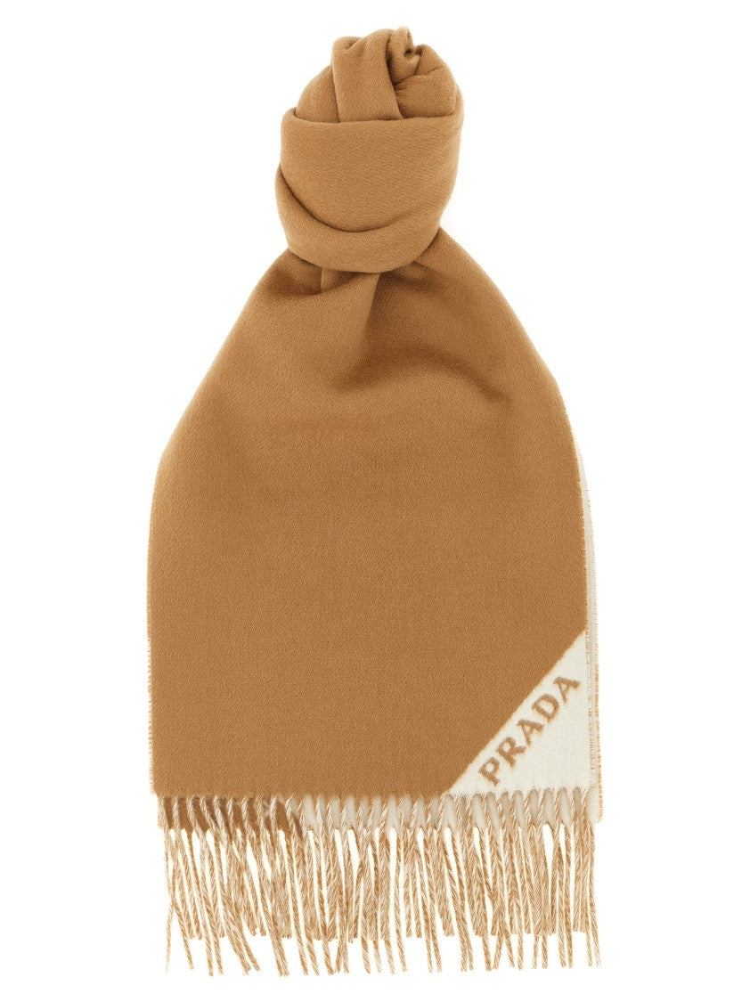 Prada Double-Sided Cashmere Scarf With Jacquard Logo And Fringed Edges