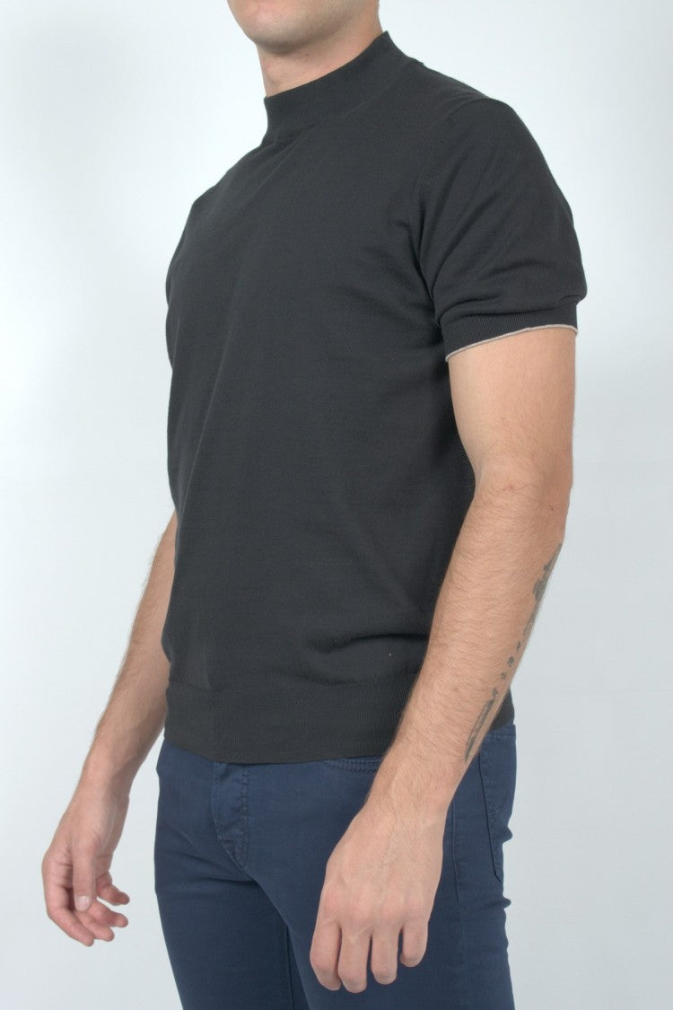 Brunello Cucinelli Charcoal Mock-Neck Short-Sleeve Cotton T-Shirt