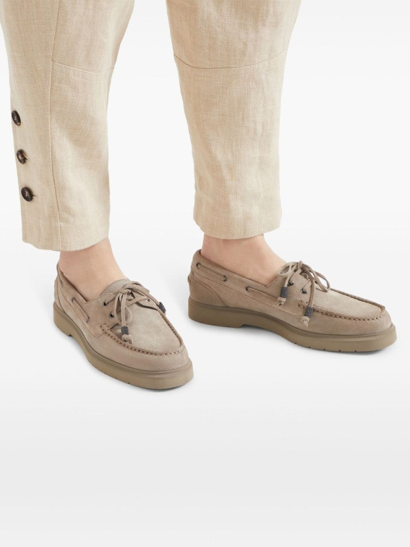 Brunello Cucinelli Soft Suede Grey Loafers With Lace-Up Detail