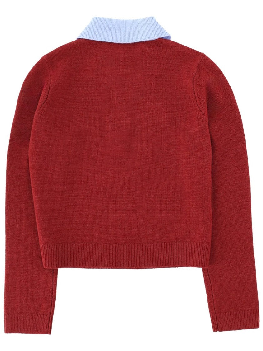 Self-Portrait Red Contrast Collar Wool-Blend Polo Shirt