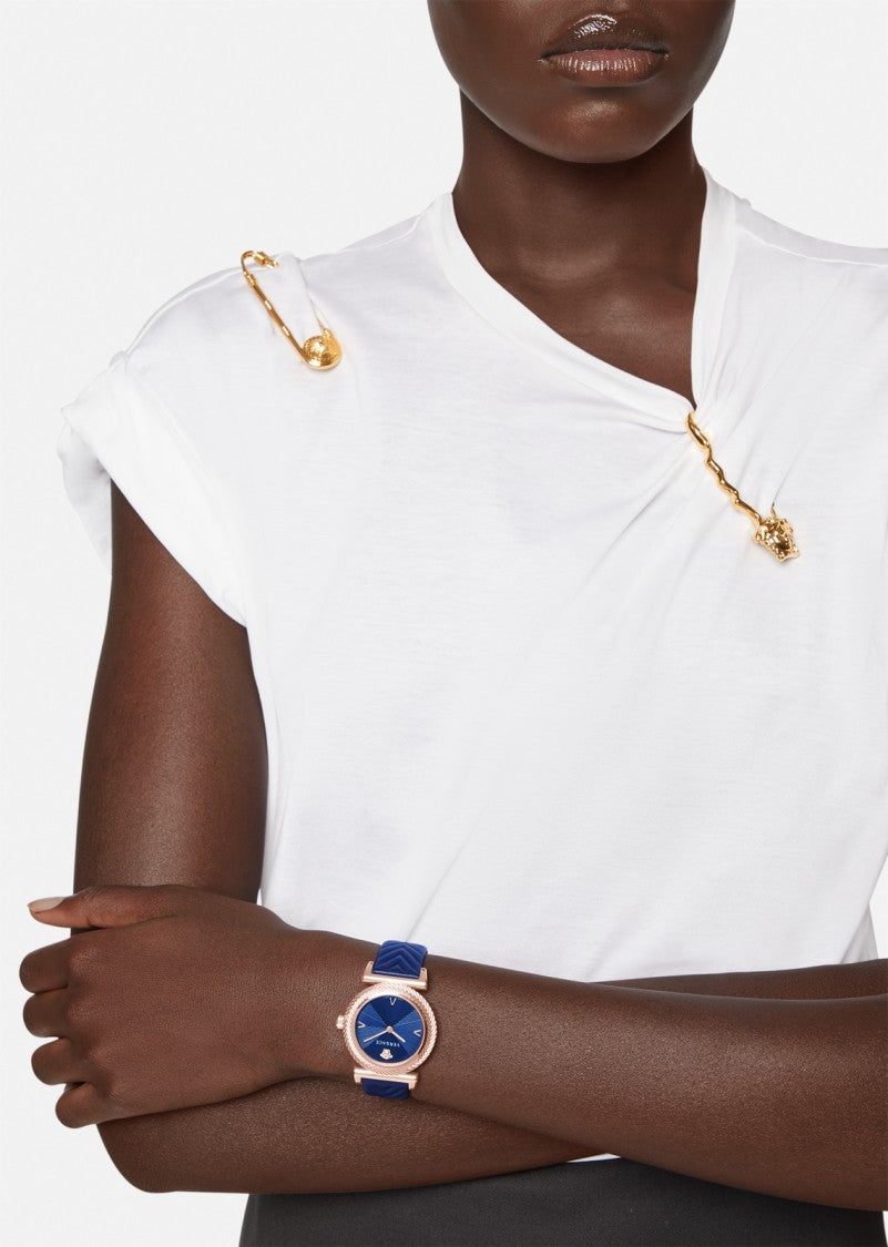 Versace 35Mm Rose-Gold Tone Versace V-Motif Watch With Blue Dial