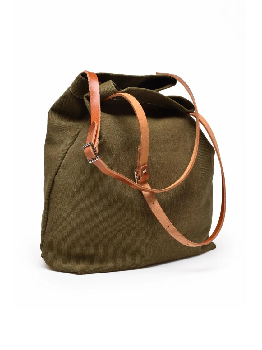 Aspesi Military Green Canvas Leather Handles Cotton Shopper Bag