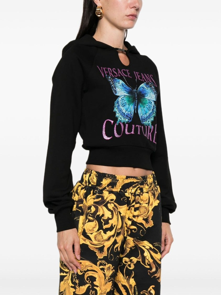 Versace Jeans Couture Cropped Black Sweatshirt With Butterfly Graphic