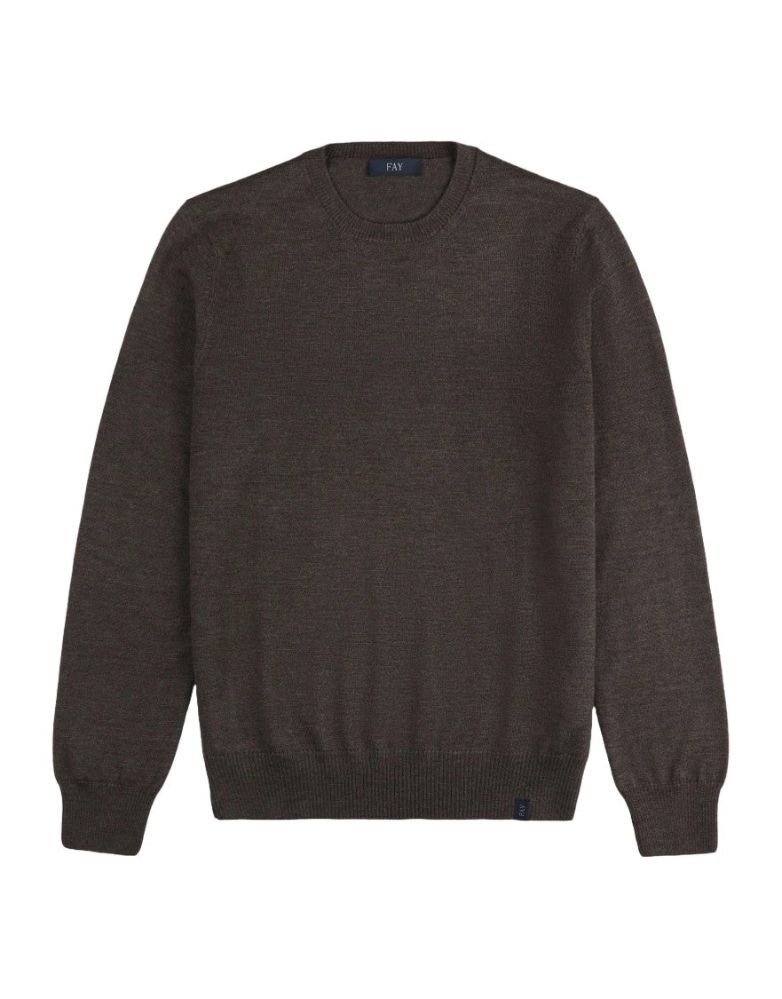 Fay Brown Crew Neck Sweater In Wool