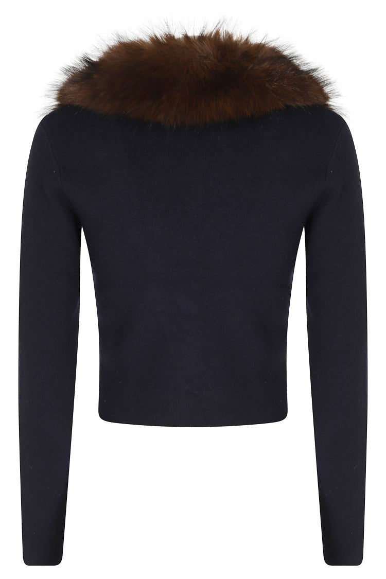 Self-Portrait Blue Faux Fur Trimmed V-Neck Wool-Blend Cardigan