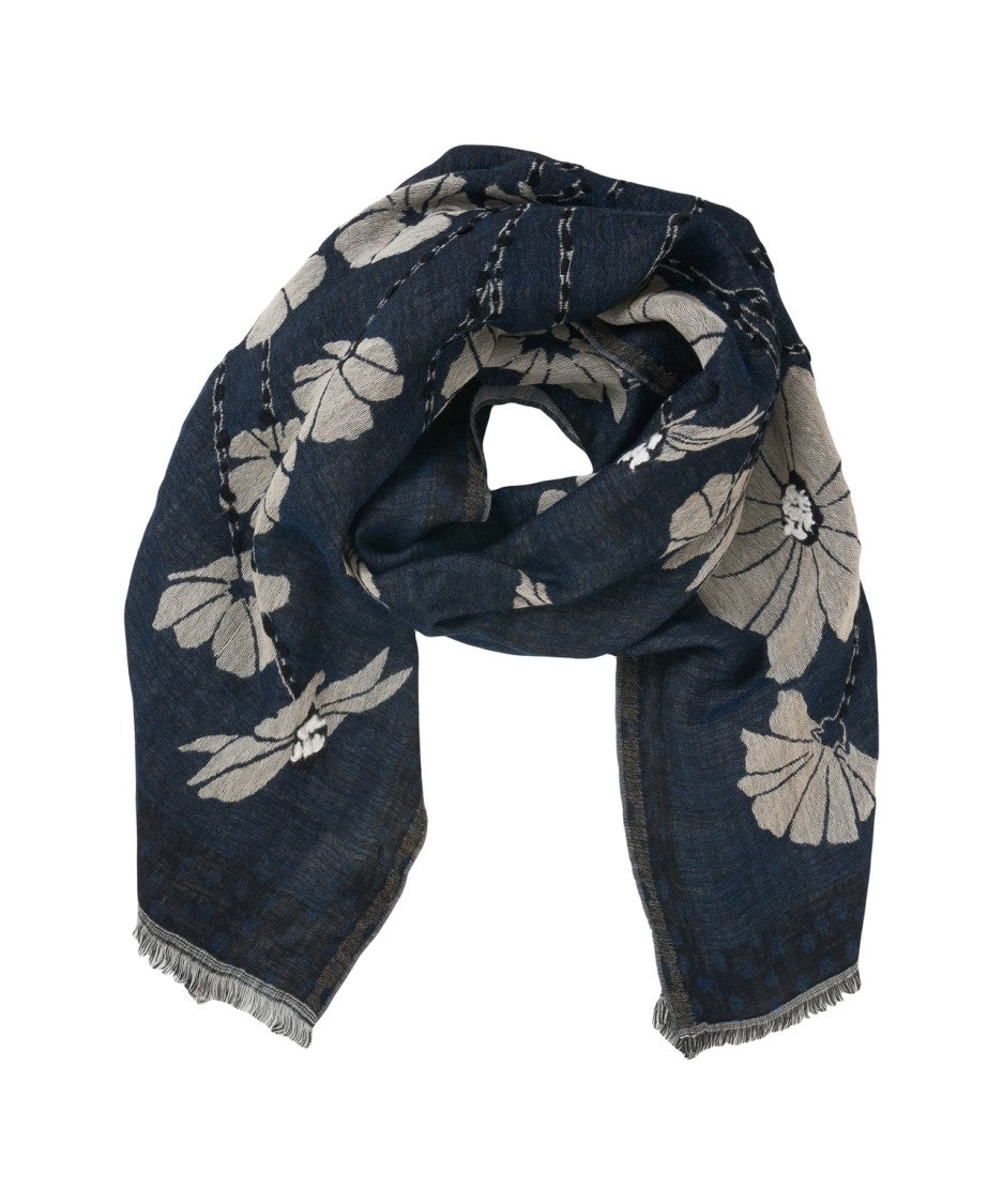 Palombina Floral-Print Navy Scarf With Refined Fringe Details