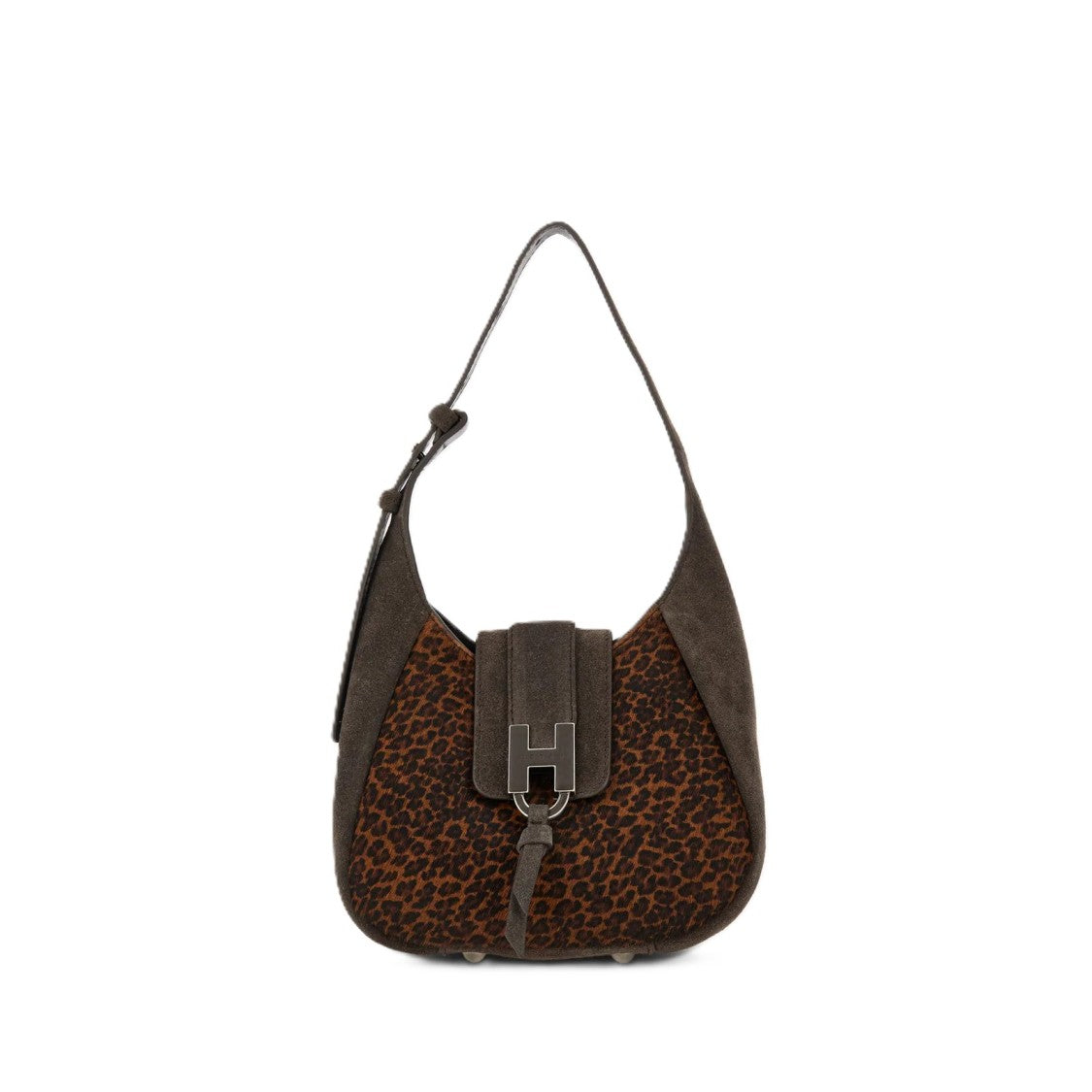 Hogan Leopard Print Suede Curved Medium Shoulder Bag