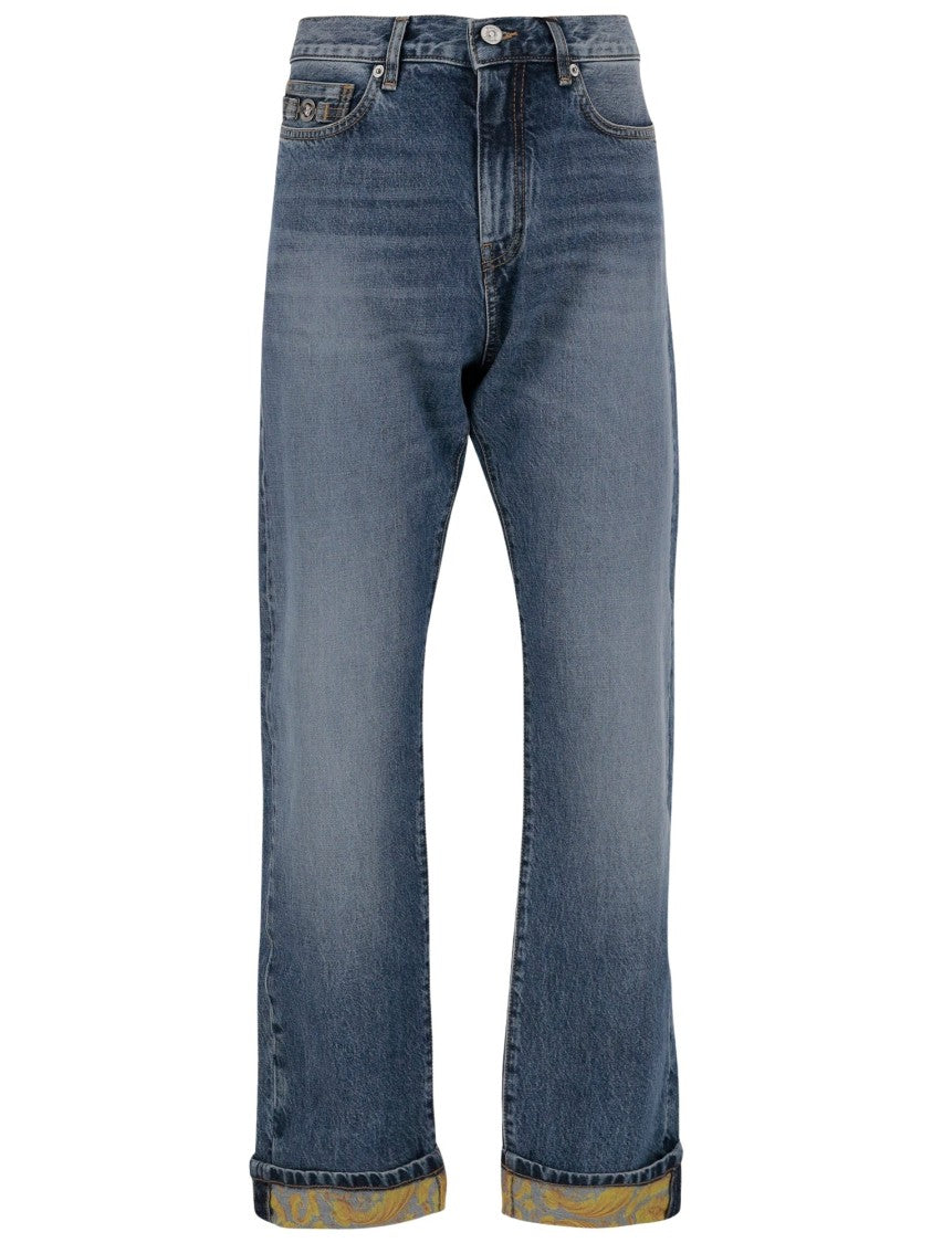 Versace Stretch Cotton Denim Jeans With Baroque Pattern