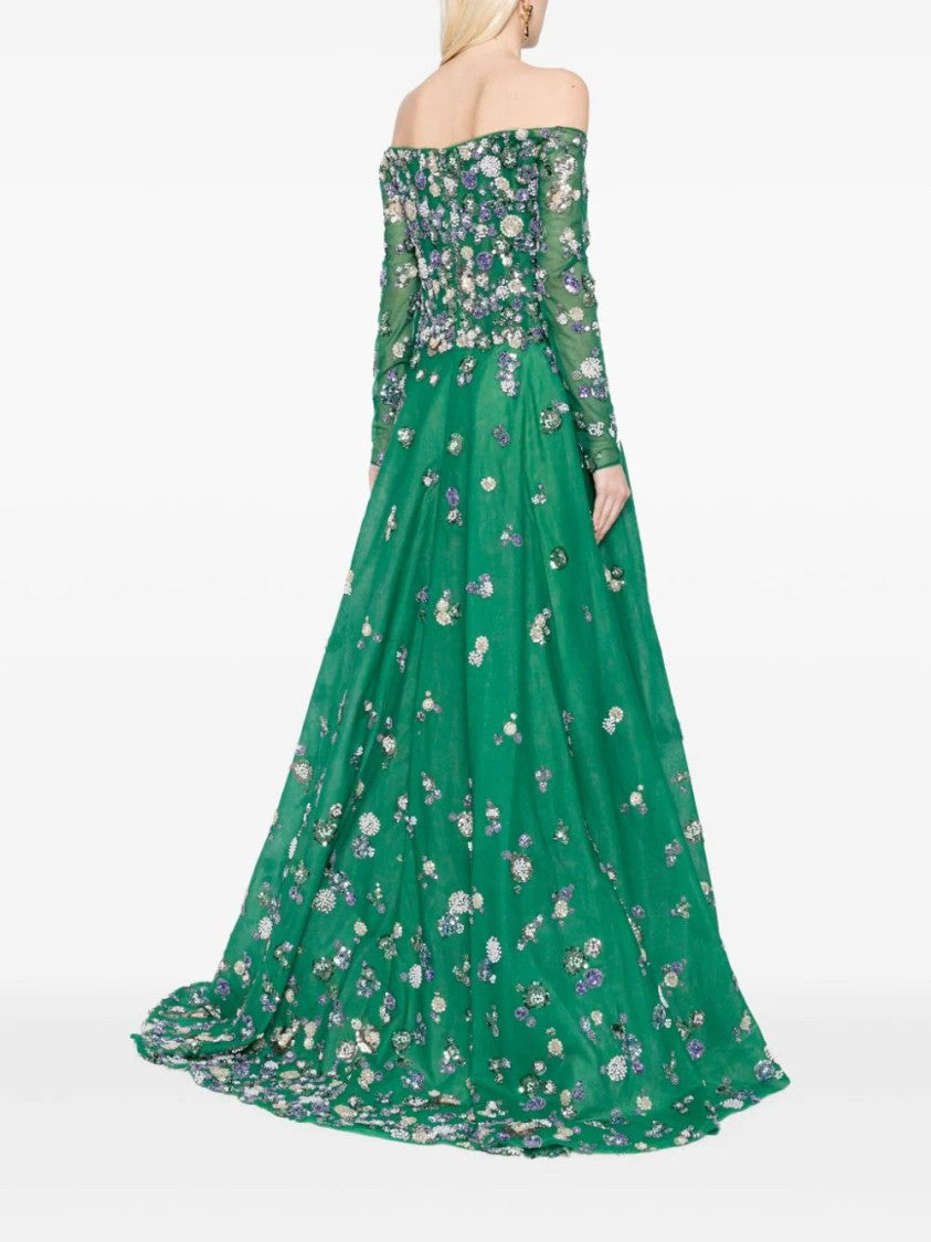 Saiid Kobeisy Tulle Beaded Dress With Off-Shoulder Sleeves