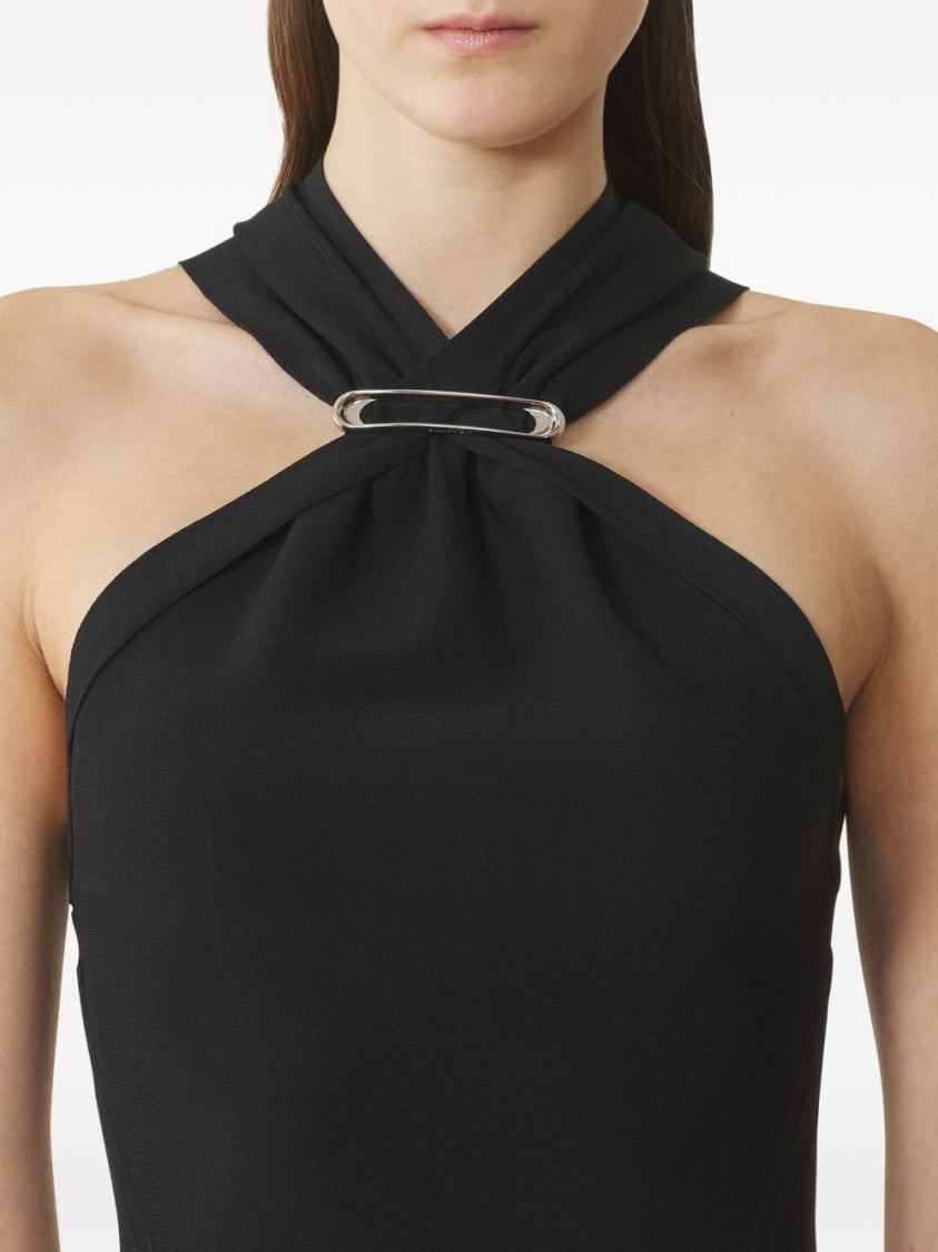 Lanvin Black Halterneck Silver Hardware Pleated Dress