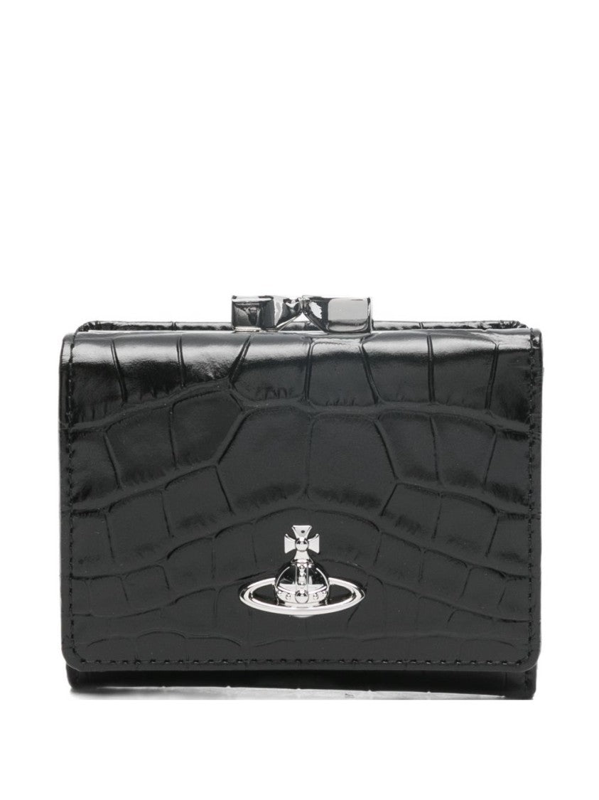 Vivienne Westwood Crocodile-Embossed Black Wallet With Silver Emblem