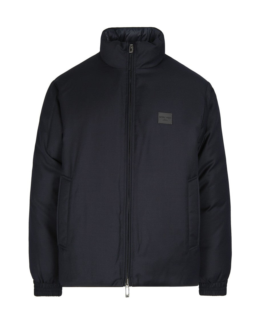 Emporio Armani Reversible Navy Wool-Blend Jacket With High Collar And Logo Patch