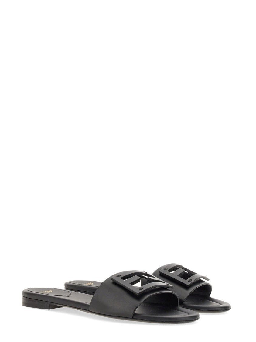 Fendi Minimalist Cut-Out Logo Leather Slide Sandals