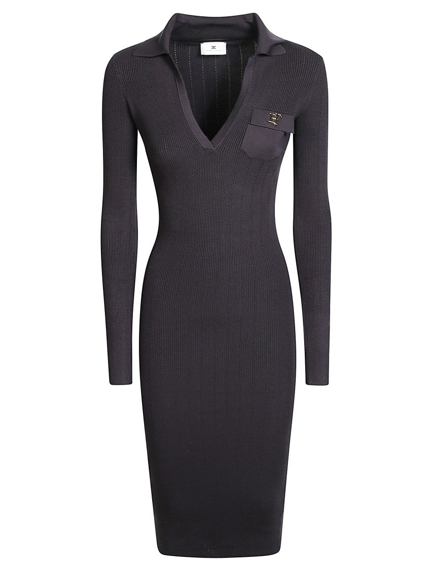 Elisabetta Franchi Fitted Black Ribbed Midi Dress