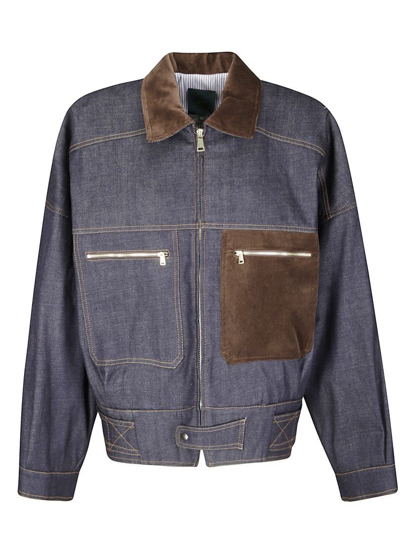 Jejia Structured Denim-Effect Cotton Bomber With Suede Inserts