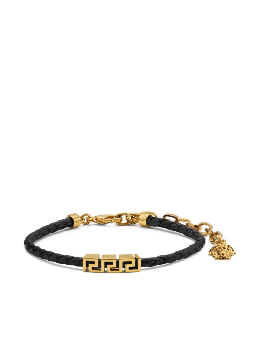 Versace Braided Black Bracelet With Gold Geometric Accents