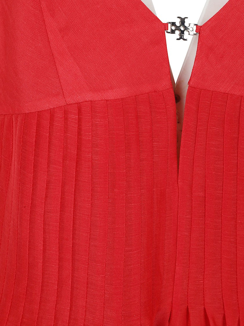 Tory Burch Deep V-Neck Linen Dress With Pleated Waist And Pendant Detail
