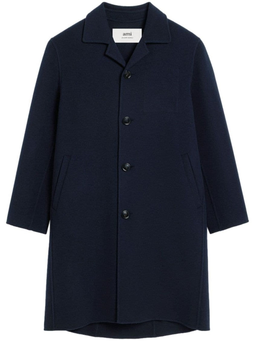Ami Paris Navy Blue Wool-Cashmere Blend Coat