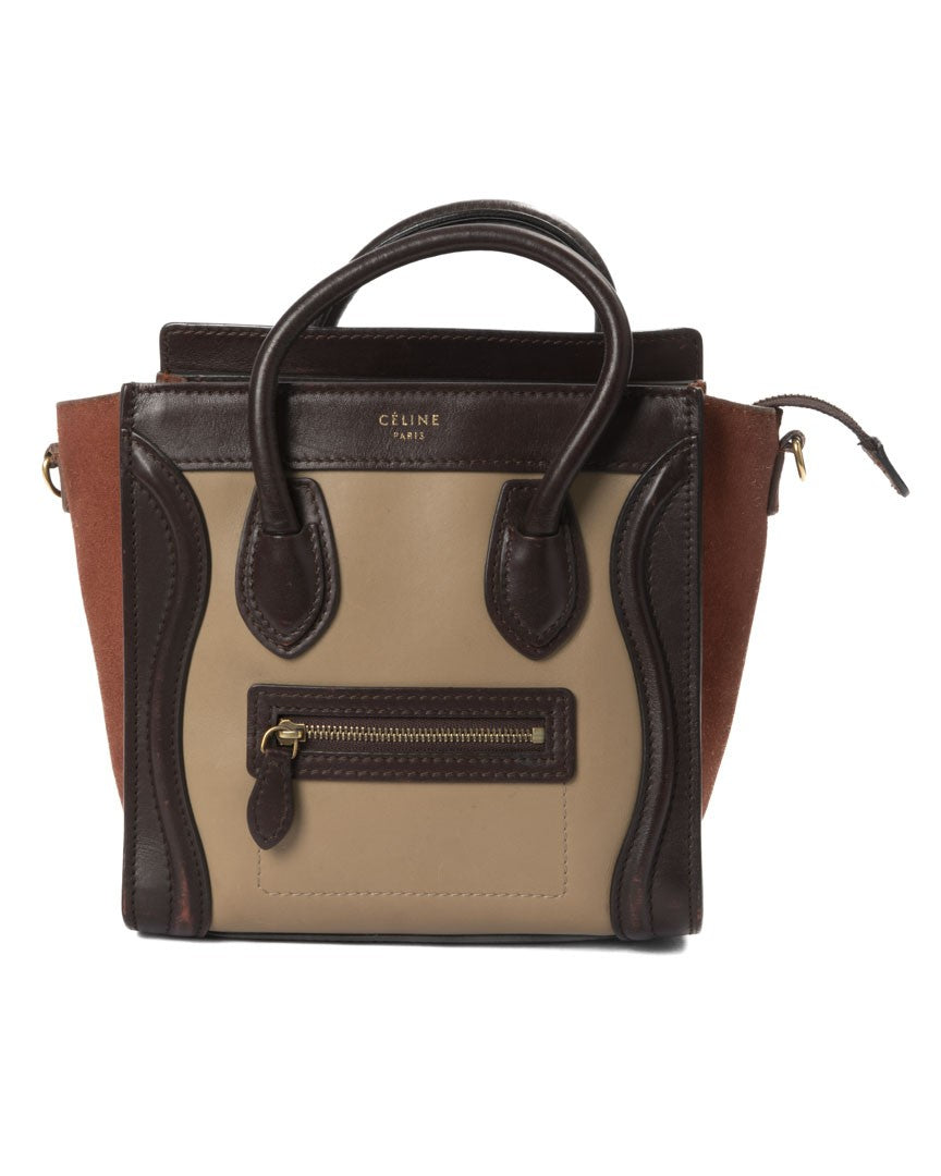Celine Mini Tricolor Leather Tote With Suede Accents And Gold Hardware
