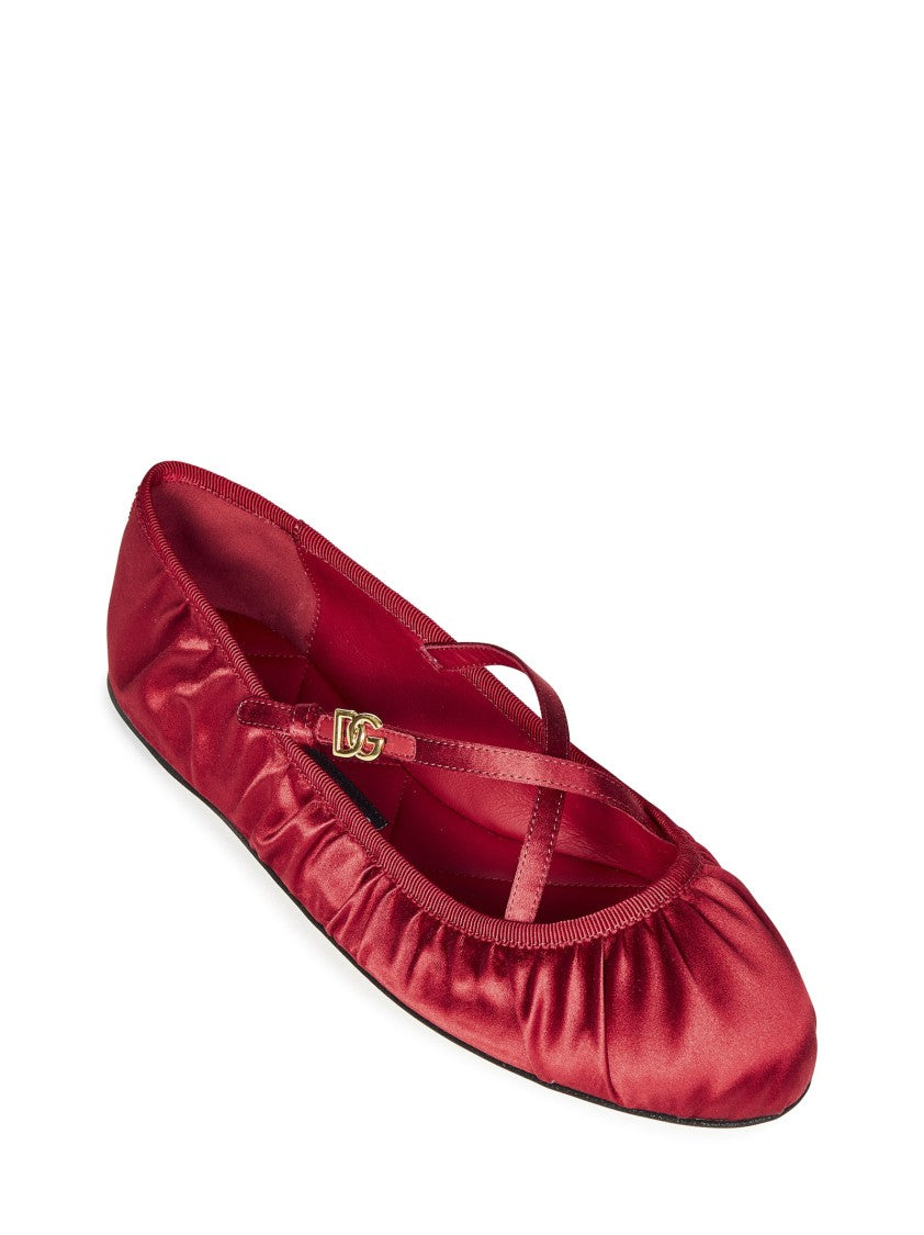 Dolce & Gabbana Ruby Red Satin Ballerinas With Gold Logo