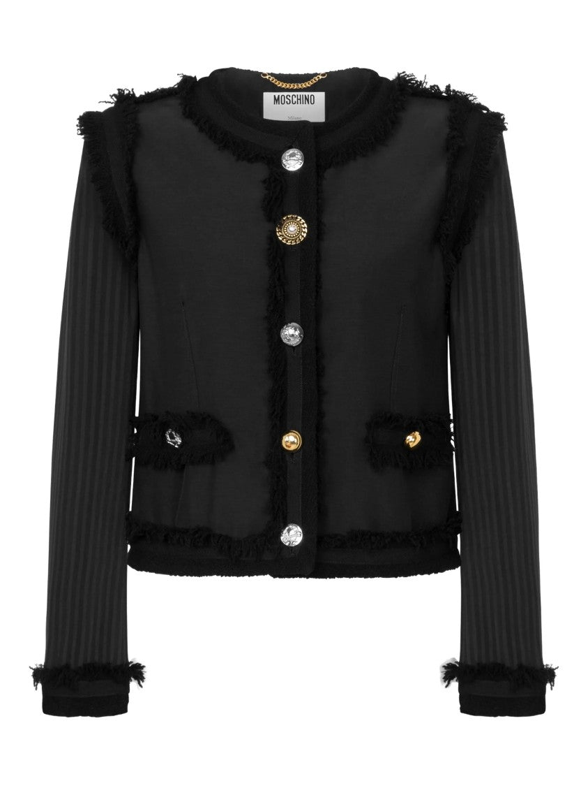 Moschino Fringed Boucle Wool Cropped Jacket With Buttons